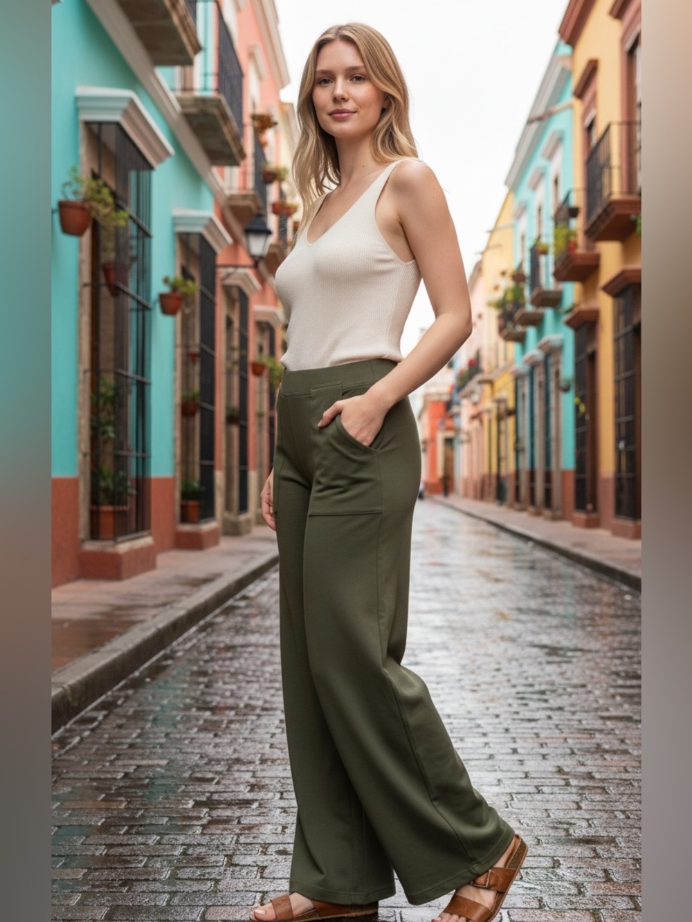 Nordstrom Olive Wide-Leg Pull-On Pants